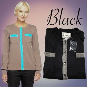 Crew Neck Velvet Trim Cardigan, NWT 2X Black